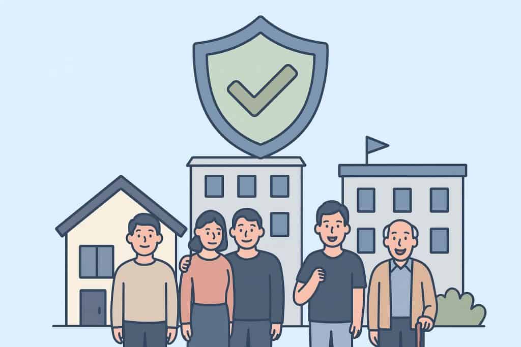 Vector illustration showing diverse renters standing in front of different housing types—house, apartment, dorm, and senior living—under a shield with a green checkmark, symbolizing renters insurance protection for everyone