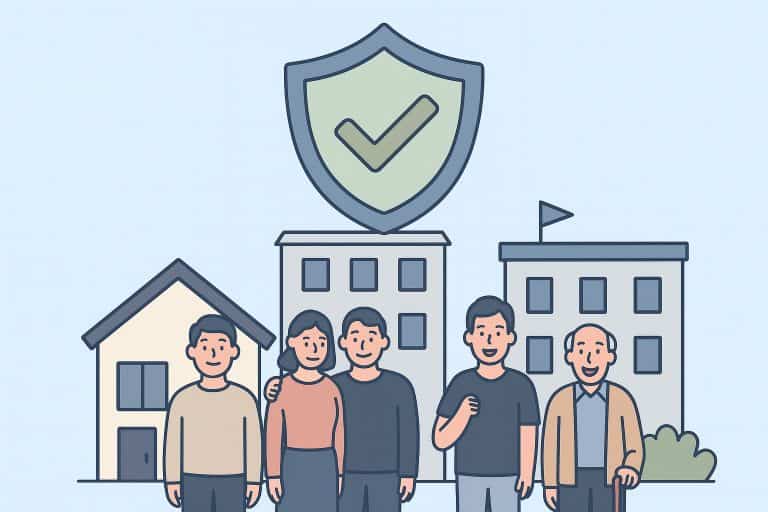 Vector illustration showing diverse renters standing in front of different housing types—house, apartment, dorm, and senior living—under a shield with a green checkmark, symbolizing renters insurance protection for everyone