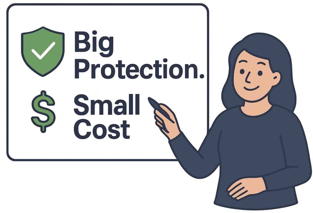 Vector illustration of a woman pointing at a fully enclosed whiteboard with the message ‘Big Protection. Small Cost.’ alongside a green shield icon and dollar sign, highlighting the protection-to-cost ratio of renters insurance