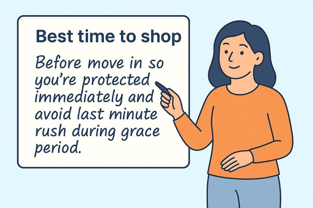 Illustration of a woman in a light orange top writing on a whiteboard with the message ‘Best time to shop: Before move in…,’ highlighting the importance of getting renters insurance early.