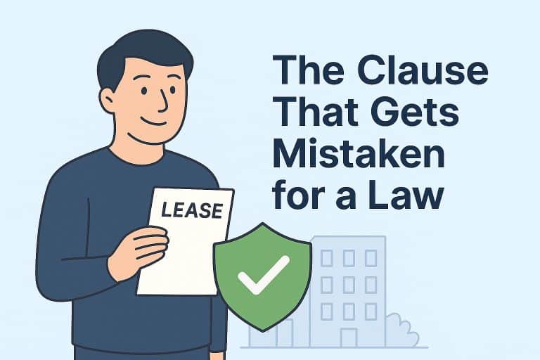 Illustration of a renter holding a lease agreement with a green shield and checkmark beside them, symbolizing that renters insurance is required by lease but not by law