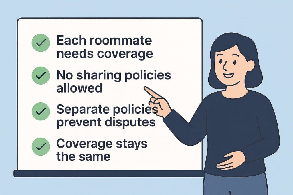 Vector illustration of a friendly woman pointing to a classroom-style whiteboard listing renters insurance tips for roommates: each roommate needs coverage, no sharing policies allowed, separate policies prevent disputes