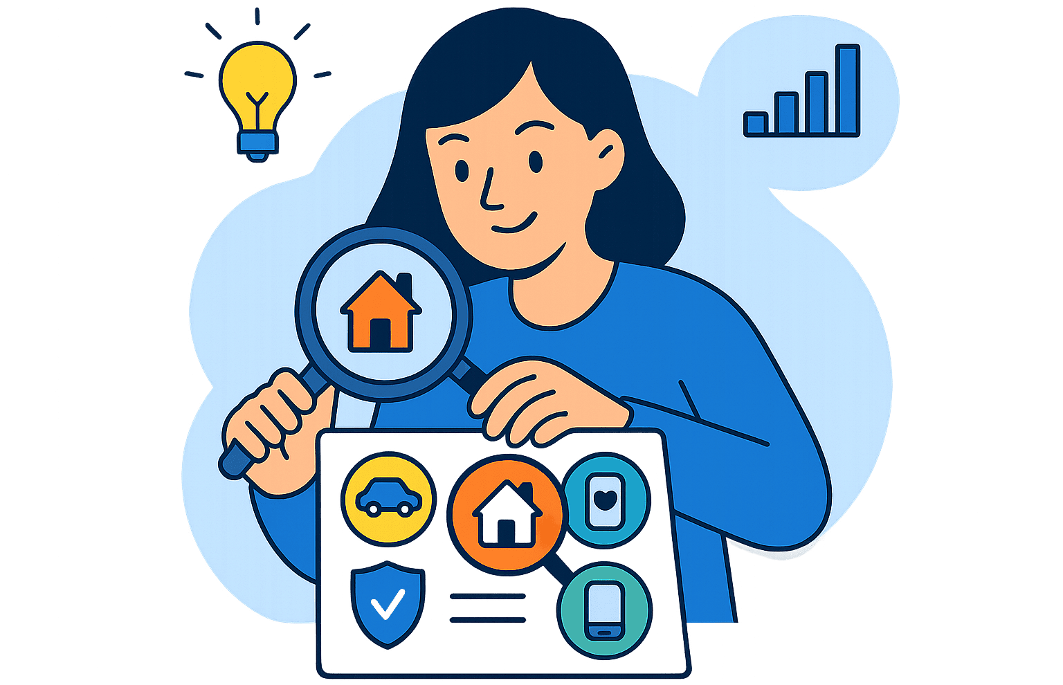 Illustration of a person using a magnifying glass to examine icons for home, car, health, and phone coverage, symbolizing how The Coverage Geek simplifies complex insurance and coverage concepts