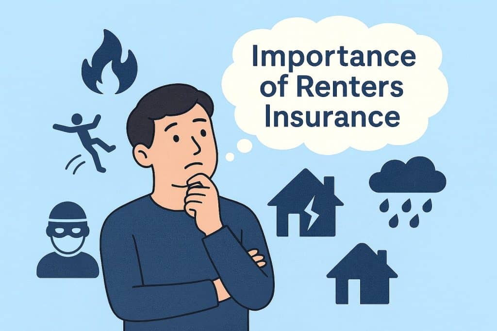 Illustration of a thoughtful renter surrounded by icons representing fire, theft, accidents, and weather damage with a speech bubble that says ‘Importance of Renters Insurance.