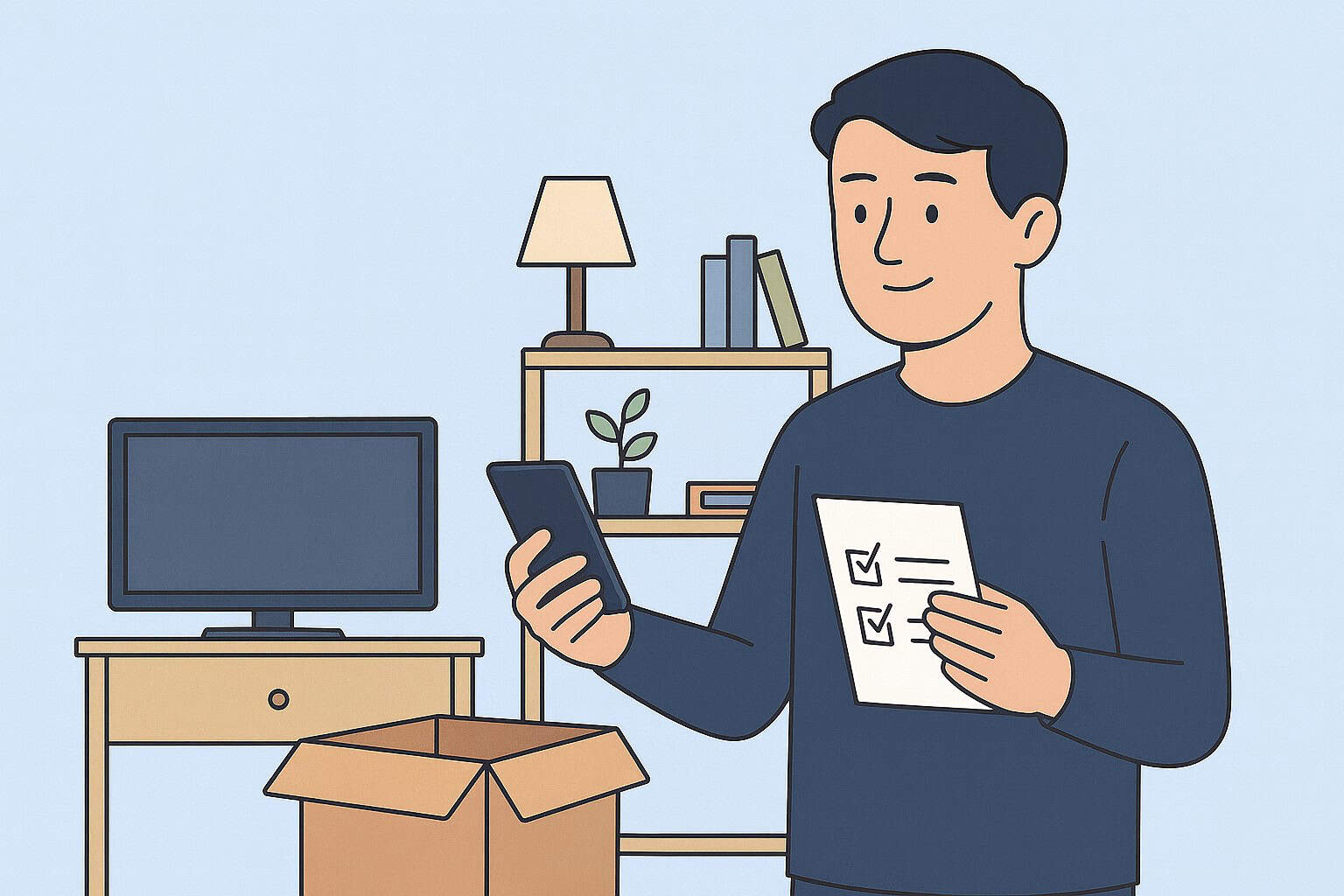 Man taking inventory of personal belongings in his rental unit using a smartphone and checklist, surrounded by household items like furniture, boxes, and electronics to prepare for renters insurance coverage
