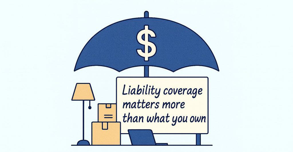 Illustration of a large umbrella with a dollar sign symbolizing financial protection, covering boxes, a lamp, and a laptop with the text ‘Liability coverage matters more than what you own’ — highlighting the importance of liability protection in renters insurance