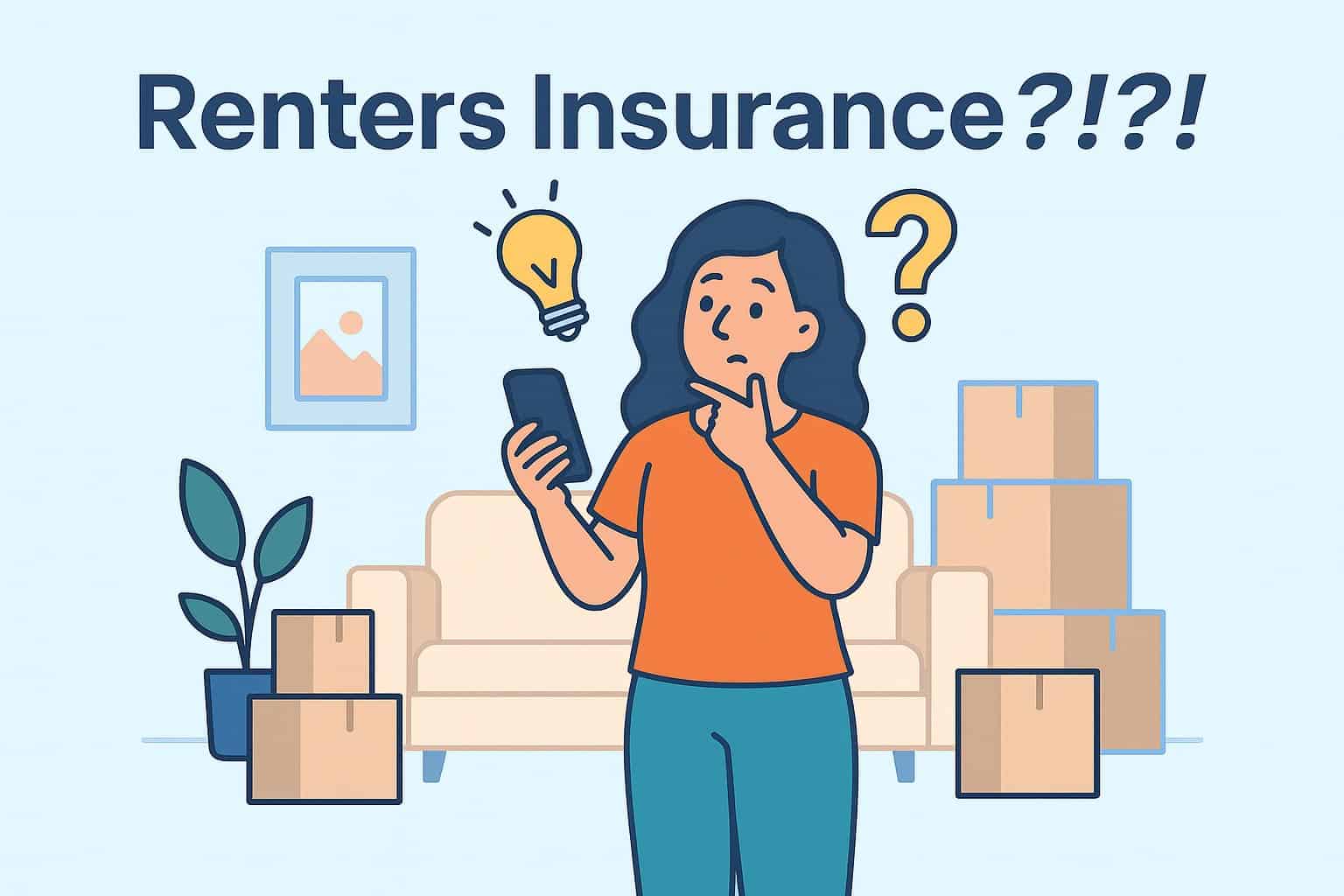Illustration of a confused woman holding a phone surrounded by moving boxes with a lightbulb and question mark above her head, symbolizing uncertainty about renters insurance — for blog post titled ‘Do I Need Renters Insurance?