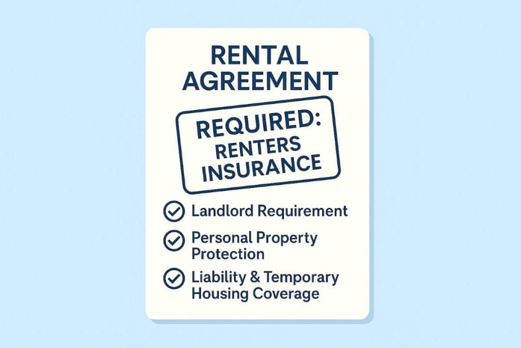 Flat vector illustration of a rental agreement document with a bold ‘Required: Renters Insurance’ stamp and three checkmarks next to the benefits listed: Landlord Requirement, Personal Property Protection, and Liability & Temporary Housing Coverage, on a light blue background